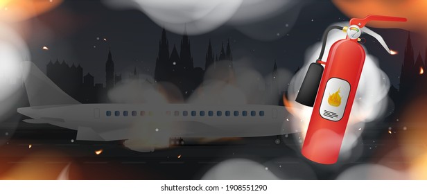 Fire extinguisher on fire and smoke. Burning plane in the background. Icon for design on the theme of fire safety. Vector 