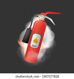 Fire extinguisher on fire and smoke. Icon for design on the theme of fire safety. Isolated. Vector illustration.