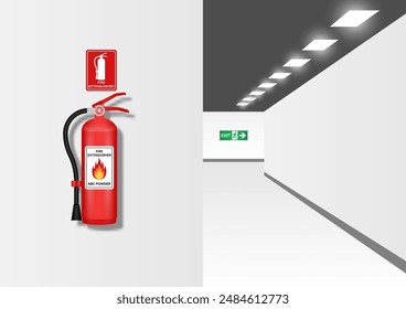 Fire Extinguisher on Wall in the Building. Vector Illustration. 