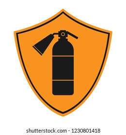 Fire extinguisher on yellow shield. Fire point symbol. Vector icon.