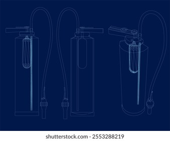 Contorno do extintor de incêndio constituído por linhas azuis isoladas sobre fundo escuro. Extintor de incêndio em seção, sua estrutura interna