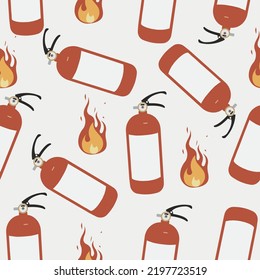 Patrón de extinguidor de incendios. Ilustración de vectores sin fisuras de equipos de lucha contra incendios. Patrón de fuego sobre fondo blanco. Llama vectorial.