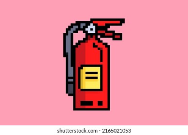 Fire extinguisher pixel style illustration vector, 8-bit concept, colorful fire department idea, pixel art, isolated on pink background, flat vector design, animation and video game asset