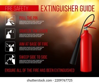 Fire extinguisher poster. Use safety. Firefighter manual for protection equipment. Emergency security. Firefighting instruction information. Extinguish guide text. Vector design flyer