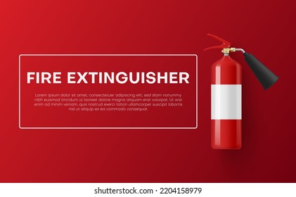 Cartel de información publicitaria en rojo extintor de incendios ilustraciones vectoriales realistas. Prevención de riesgos de llama ayuda protección protección contra incendios equipo manual de extinción de incendios protección contra espuma química