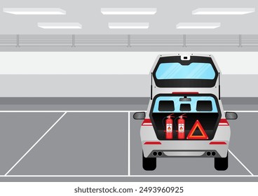 Feuerlöscher und rotes Dreieck Notfall im Kofferraum auf dem Parkplatz. Vektorillustration.