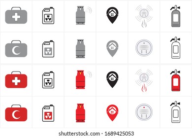 Fire extinguisher. Fire safety. Smoke detector. Home location icons
Smoke detector. Gas cylinder. Dangerous liquids. First aid kit. Smoke detector. Symbols and Icons. Classic style signs set. Vector