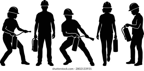 Fire extinguisher safety training silhouette, industrial workers wearing hard hats, emergency drill exercise characters, isolated black graphic backdrop elements