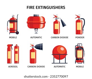 Juego de extintores de incendios de iconos aislados con subtítulos de texto editables e imágenes de varios tipos de extinguidores ilustración vectorial