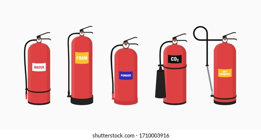 fire extinguisher set with isolated portable fire-fighting units of different shape on transparent background vector illustration