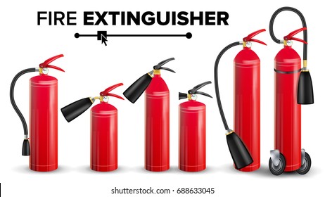 Fire Extinguisher Set Vector. Different Types. Metal Glossiness 3D Realistic Red Fire Extinguisher Isolated Illustration