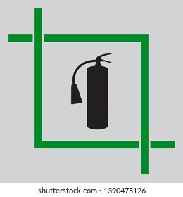 Fire extinguisher sign. Black icon inside green crop tool at light gray background