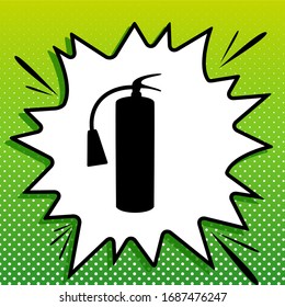 Fire extinguisher sign. Black Icon on white popart Splash at green background with white spots. Illustration.