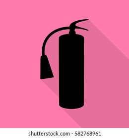 Fire extinguisher sign. Black icon with flat style shadow path on pink background.