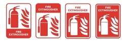 Fire extinguisher sign. Firefighters tools for flame fighting symbol, logo, badge, icon, sticker, label, emblem, stamp, red, line, flat vector, isolated illustration.
