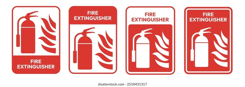 Fire extinguisher sign. Firefighters tools for flame fighting symbol, logo, badge, icon, sticker, label, emblem, stamp, red, line, flat vector, isolated illustration.