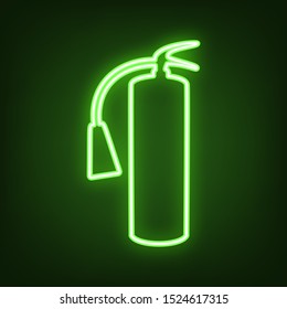 Fire extinguisher sign. Green neon icon in the dark. Blurred lightening. Illustration.