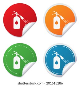 Fire extinguisher sign icon. Fire safety symbol. Round stickers. Circle labels with shadows. Curved corner. Vector