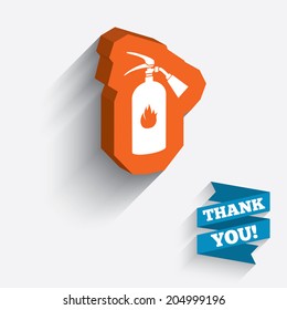 Fire extinguisher sign icon. Fire safety symbol. White icon on orange 3D piece of wall. Carved in stone with long flat shadow. Vector