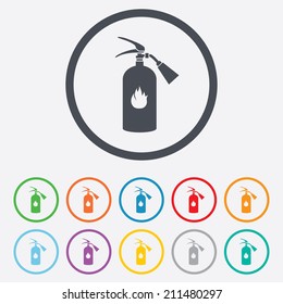 Fire extinguisher sign icon. Fire safety symbol. Round circle buttons with frame. Vector