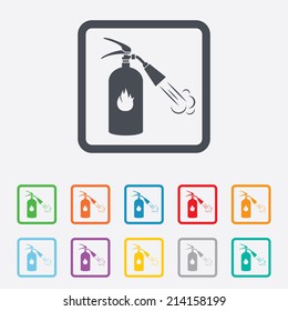 Fire extinguisher sign icon. Fire safety symbol. Round squares buttons with frame. Vector