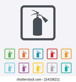Fire extinguisher sign icon. Fire safety symbol. Round squares buttons with frame. Vector
