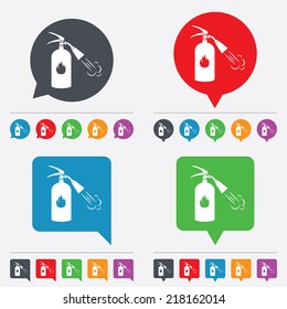 Fire extinguisher sign icon. Fire safety symbol. Speech bubbles information icons. 24 colored buttons. Vector