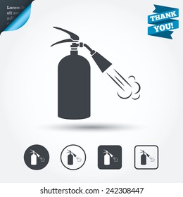 Fire extinguisher sign icon. Fire safety symbol. Circle and square buttons. Flat design set. Thank you ribbon. Vector