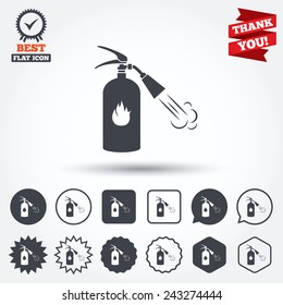 Fire extinguisher sign icon. Fire safety symbol. Circle, star, speech bubble and square buttons. Award medal with check mark. Thank you ribbon. Vector