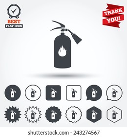 Fire extinguisher sign icon. Fire safety symbol. Circle, star, speech bubble and square buttons. Award medal with check mark. Thank you ribbon. Vector