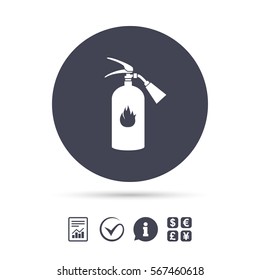 Fire extinguisher sign icon. Fire safety symbol. Report document, information and check tick icons. Currency exchange. Vector