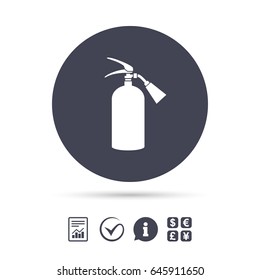 Fire extinguisher sign icon. Fire safety symbol. Report document, information and check tick icons. Currency exchange. Vector