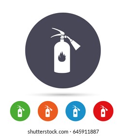 Fire extinguisher sign icon. Fire safety symbol. Round colourful buttons with flat icons. Vector