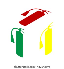 Fire extinguisher sign. Isometric style of red, green and yellow icon.