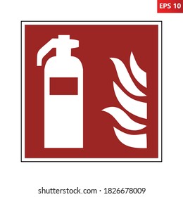 Fire extinguisher sign. Fire safety warning sign. Vector illustration of red square board with extinguisher and fire flames inside. Fire protection symbol isolated on white background.