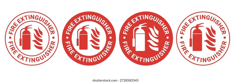Conjunto de sinais de extintor de incêndio. Ferramentas de combate a chamas para bombeiros. Símbolo de extintor de incêndio, logotipo, emblema, ícone, adesivo, rótulo, faixa, seta, vermelho, círculo, linha, vetor plano, ilustração isolada.	