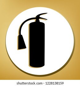 Fire extinguisher sign. Vector. Black icon with light brown shadow in white circle with shaped ring at golden background.