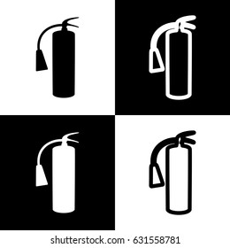 Fire extinguisher sign. Vector. Black and white icons and line icon on chess board.