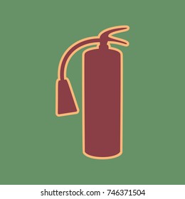 Fire extinguisher sign. Vector. Cordovan icon and mellow apricot halo with light khaki filled space at russian green background.