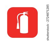 Fire extinguisher sign vector flat design on red round square. Emergency fire safety white silhouette illustration.