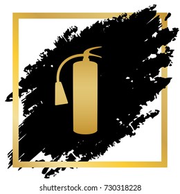 Fire extinguisher sign. Vector. Golden icon at black spot inside golden frame on white background.