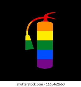 Fire extinguisher sign. Vector. Icon with colors of LGBT flag at black background.