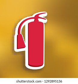Fire extinguisher sign. Vector. Magenta icon with darker shadow, white sticker and black popart shadow on golden background.