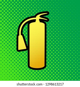Fire extinguisher sign. Vector. Pop art orange to yellow dots-gradient icon with black contour at greenish background.