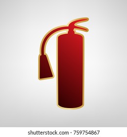 Fire extinguisher sign. Vector. Red icon on gold sticker at light gray background.