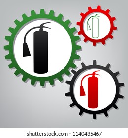 Fire extinguisher sign. Vector. Three connected gears with icons at grayish background.