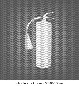 Fire extinguisher sign. Vector. White knitted icon on gray knitted background. Isolated.
