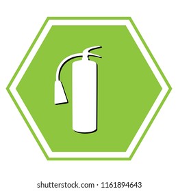 Fire extinguisher sign. Vector. White icon with black shadow at yellow green honeycomb on white background.