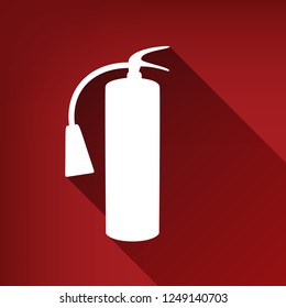 Fire extinguisher sign. Vector. White icon with limitless shadow at ruby red background.