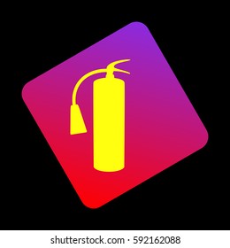 Fire extinguisher sign. Vector. Yellow icon at violet-red gradient square with rounded corners rotated for dynamics on black background.